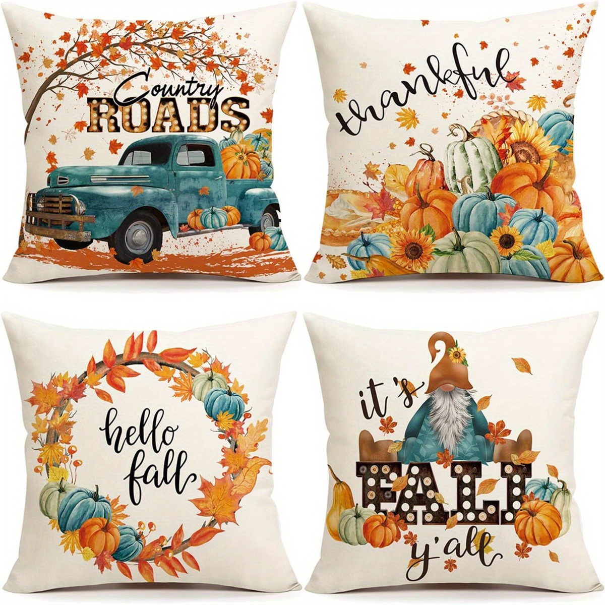 

4pcs Fall Thanksgiving Decor Linen Pillow Covers, 18x18in Thanksgiving Christmas Decorations, Blue And Orange Pumpkins Outdoor Fall Farmhouse Decorative Throw Pillow Covers, For Couch Sofa, Set Of 4