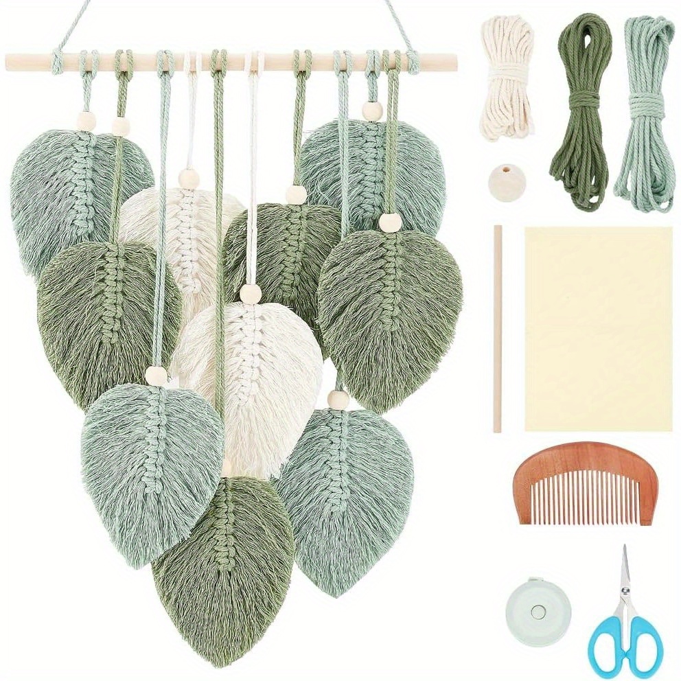 

Diy Macrame Wall Hanging Kit - 1 Set Handmade Leaf Pattern Weaving Tapestry Craft With Fabric Yarn, Wooden Beads & Accessories For All Seasons Home Decor And Adult Beginners Birthday Gift