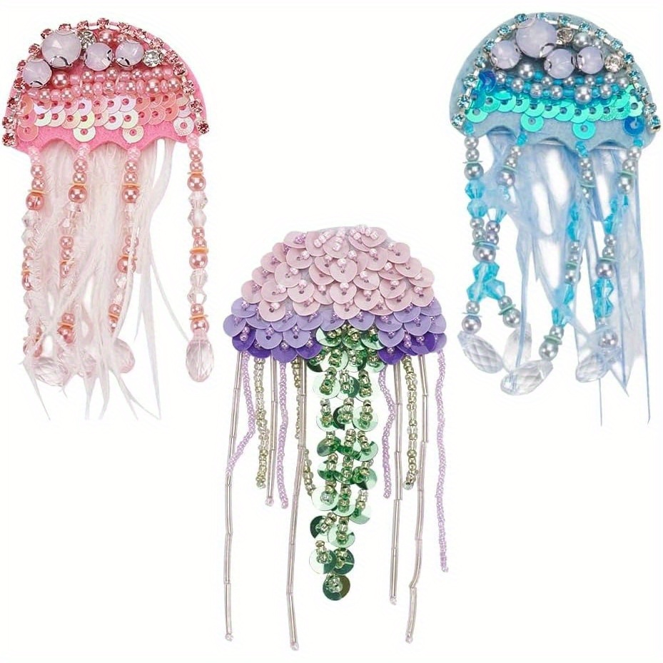 TEMU 3 Pezzi Patch Medusa con Perline e Paillettes, Applicazioni Medusa per Magliette, Creature Marine con Nappine, Applicazioni Cucibili Fatte a per