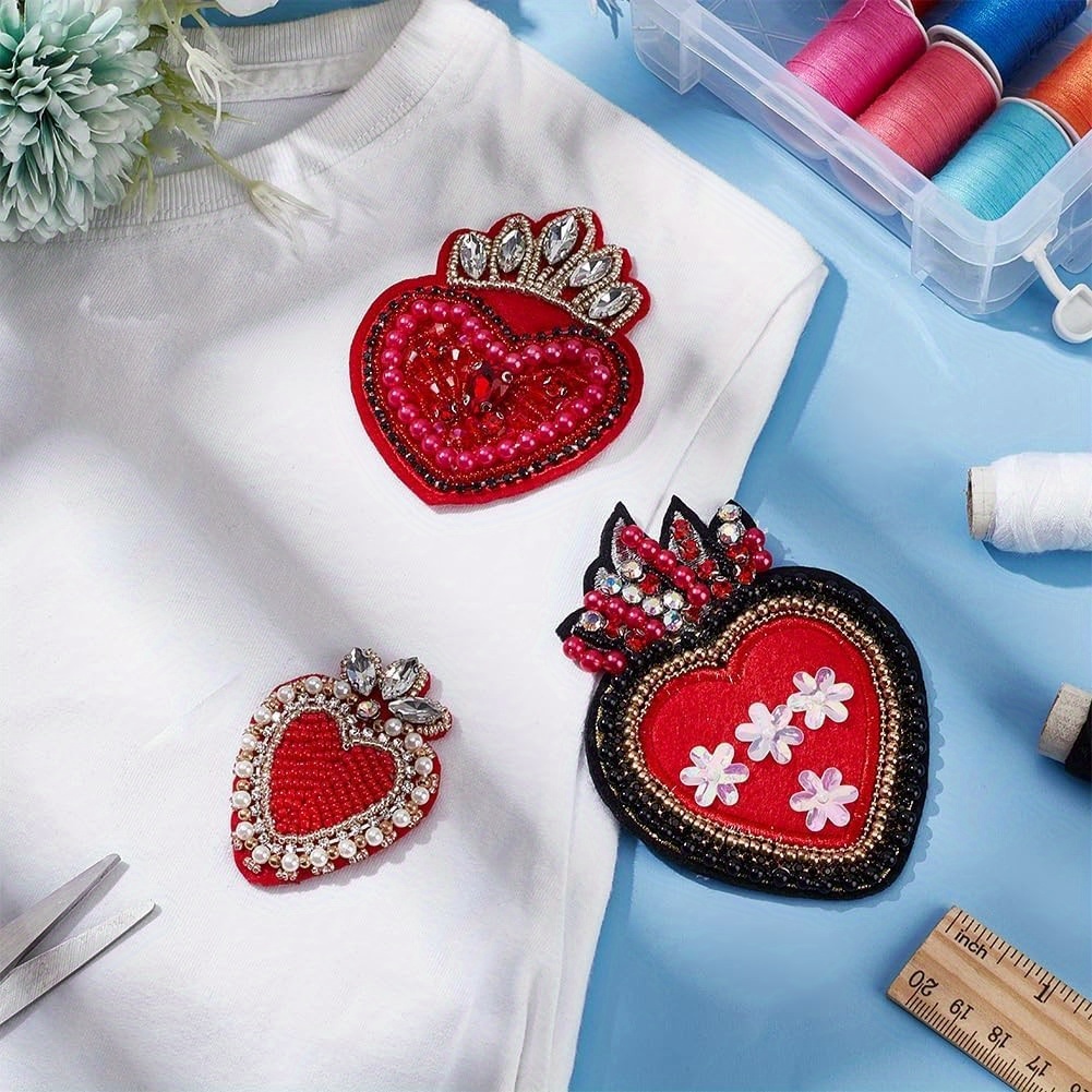 3pcs Heart Beaded Patch Red Beaded Heart Patch for Clothes Heart Shaped Patch Sew on Decorative Patches Handmade Bling Applique for Clothing Jeans Jackets Handbag Repair Applique Craft Jewelry Making Kits