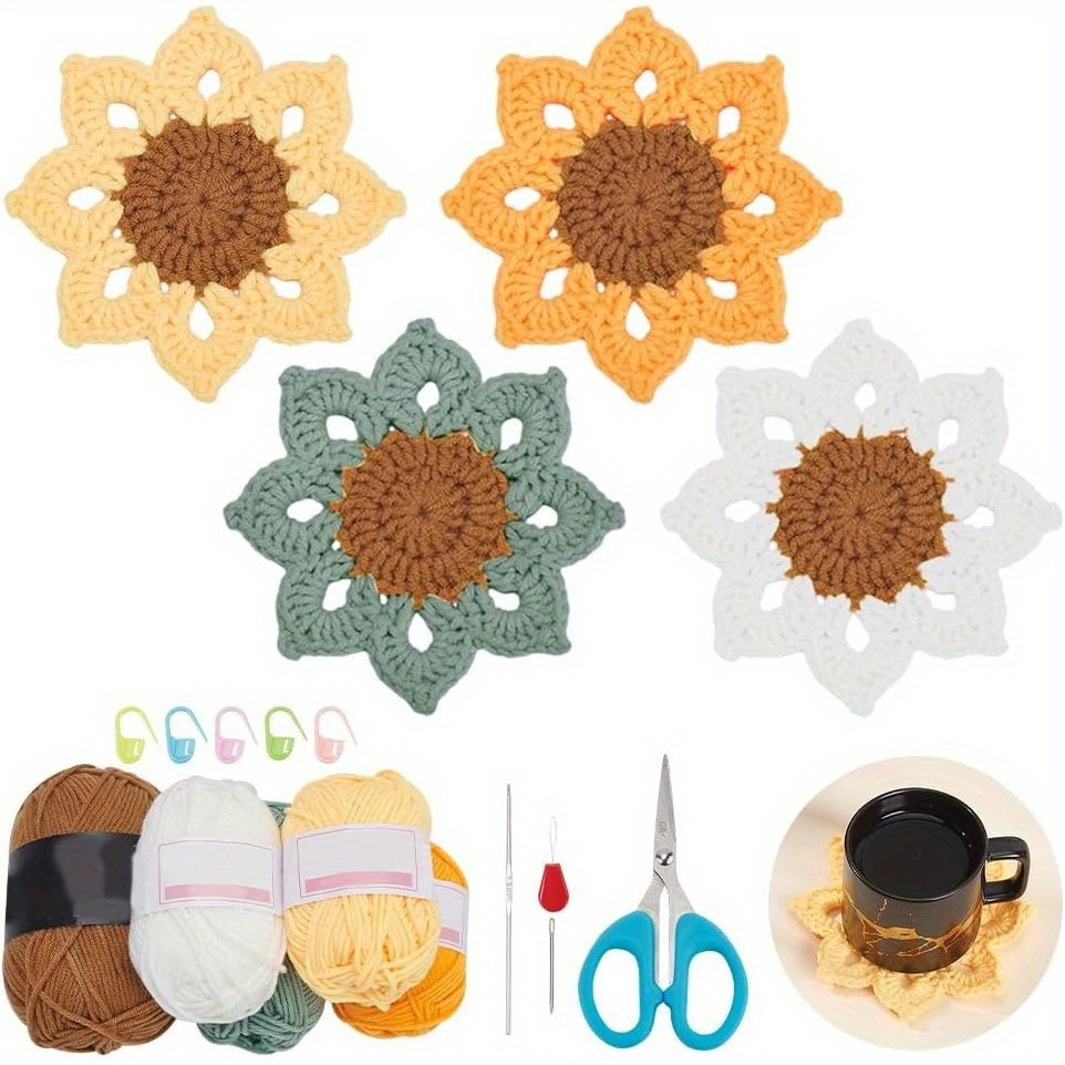 

8 Sets Sunflower Crochet Kit Beginners Crochet Kit Crochet Coaster Kit Complete Crochet Kit Diy Coaster Set With Video Tutorials For Adults Knitting Supplies