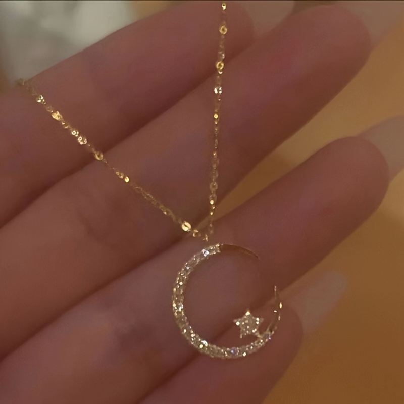 

Star Moon Exquisite Dainty Zirconia Ramadan Pendant Necklace, Minimalist Elegant Lovely Versatile Daily Wear Clavicle Chain Jewelry