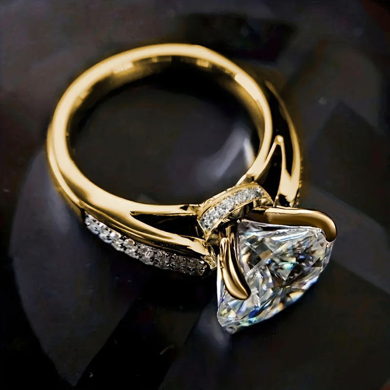 TEMU Luxurious Elegant Cubic Promise Ring For Women - Golden-tone Copper Band, Sparkling Synthetic Synthetic Gems Jewelry For Engagement, Weddings, Parties &