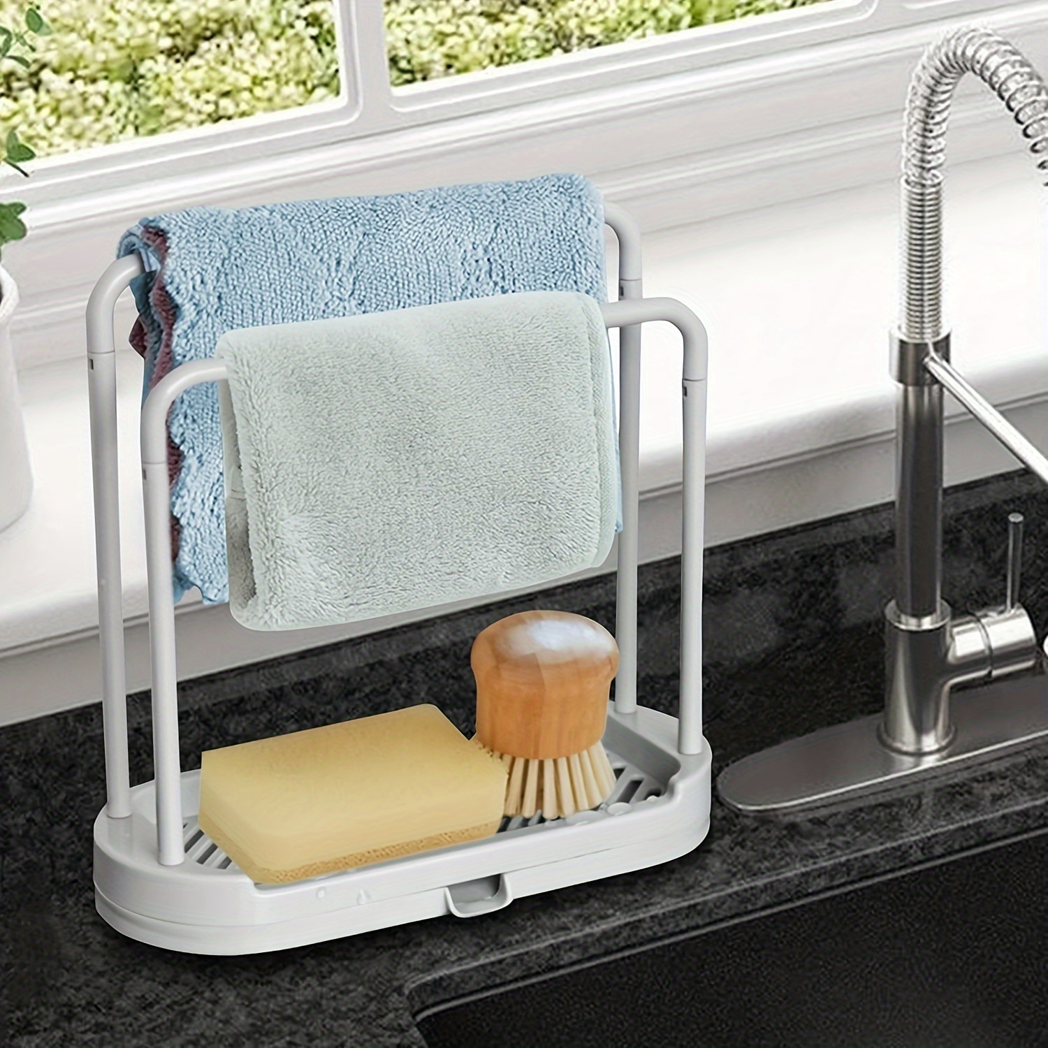 1pc space saving white plastic kitchen sink organizer multi use towel and sponge holder tray with drain rack ideal for stalls food trucks cafes and home use sponge holder for kitchen sink details 0