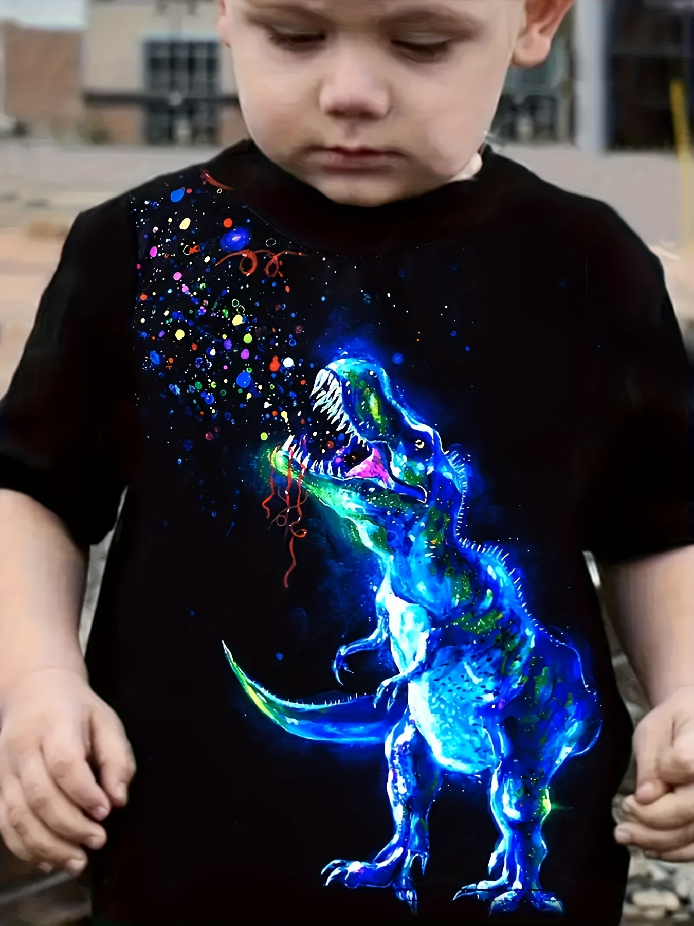 Camiseta de Niños con Estampado de Dinosaurio Neón y Diseño de Salpicado  Manga Corta, Top Casual para Niños, Cuello para