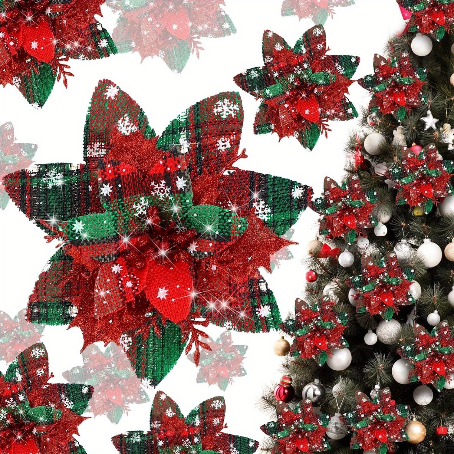 

16pcs Sparkling Poinsettia Christmas Tree Ornaments - - For Holiday & Halloween, Home & Outdoor Use