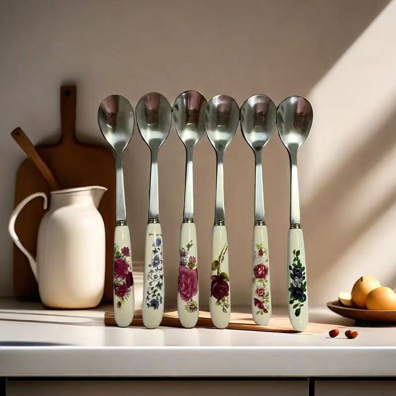 

6pcs Elegant Stainless Steel Coffee Spoons With Ceramic Handles - Ideal For Tea, Sugar, Ice Cream & Soup Stirring