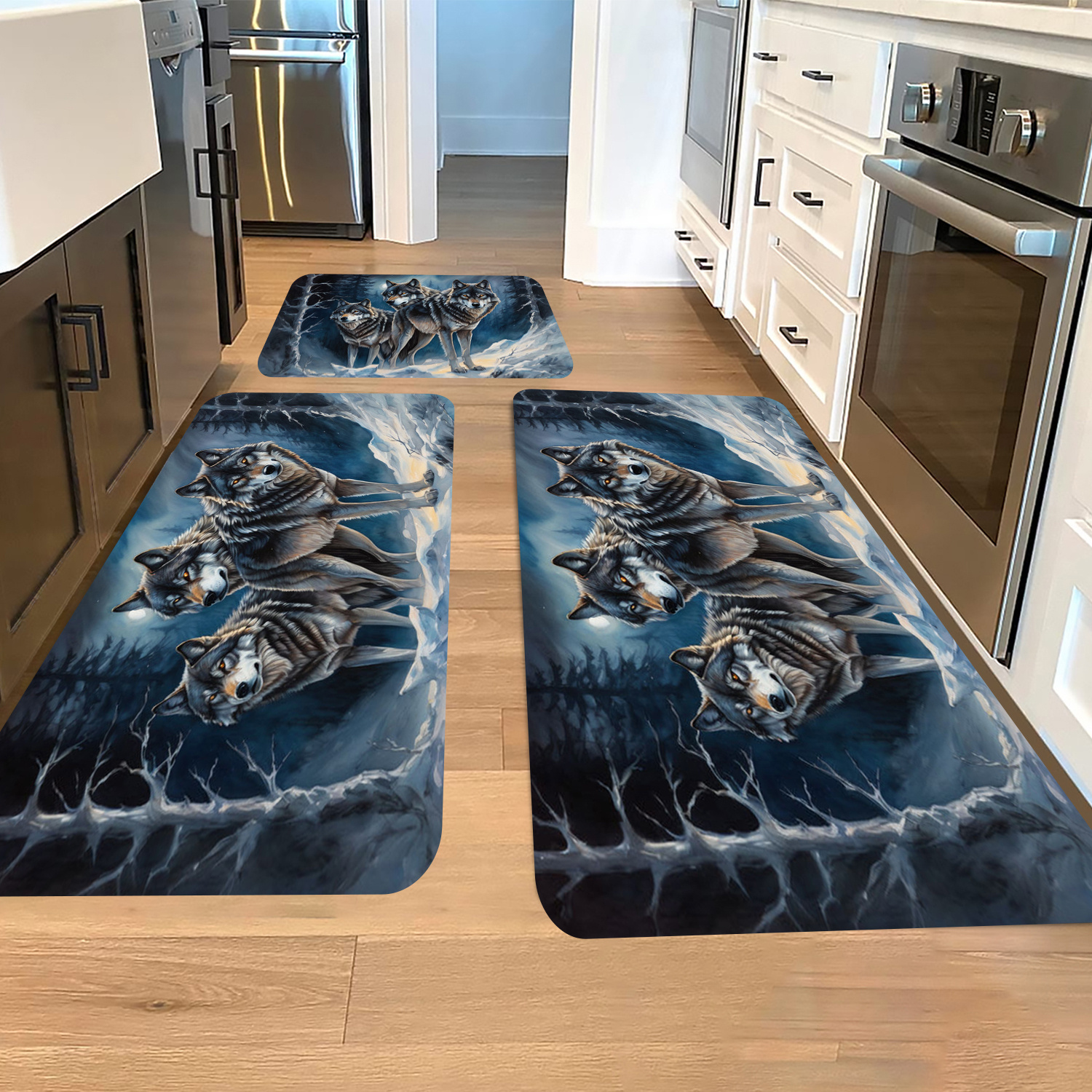 

3-piece Wolf Design Area Rug Set, Non-slip Absorbent Thick Flannel Floor Mats For Living Room, Bedroom, Kitchen, Laundry, Bathroom – 100% Polyester, Machine Washable Indoor Rugs