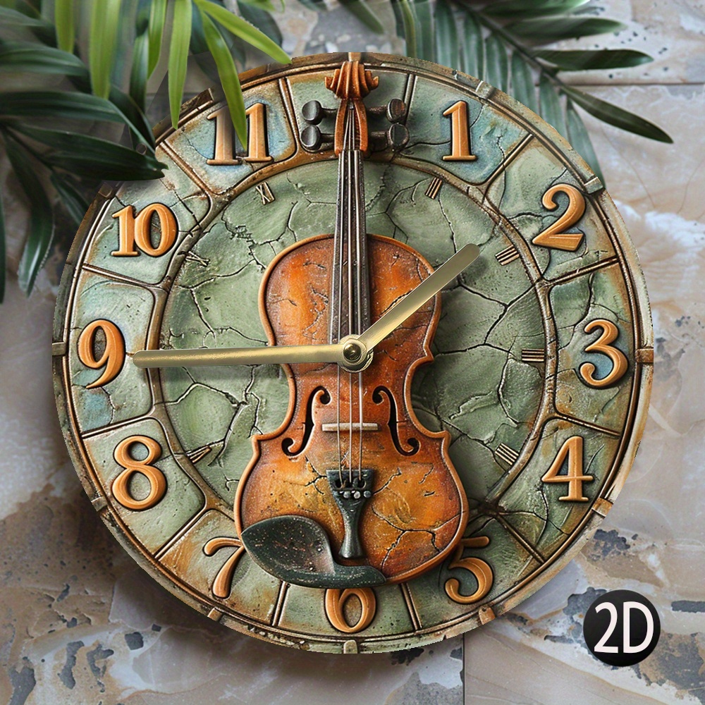 

1pc Vintage Violin Design Wall Clock, 8" Round Wooden Fiberboard, Silent Quartz Movement, Decorative For Home, Office & Gift - Aa Battery Operated (not Included)