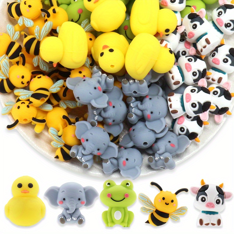 

50pcs Silicone Bead Kit - 3d Animal Shapes Including Bee, Cow, Elephant & Frog Charms For And Keychain Crafting - Bracelets, Necklaces, Earrings, Phone Chains & Crafts