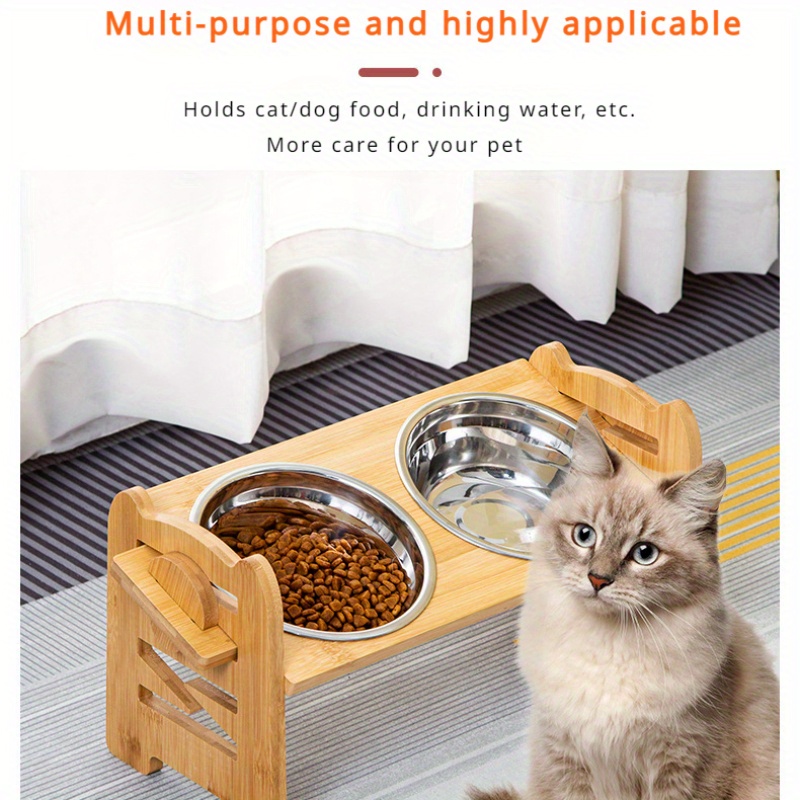 

1pc Bamboo Wood Pet Dog Food Double Bowl Holder Feeding Rack, Cat Bowl Holder Feeder Pet Bowl Stainless Steel Dining Rack