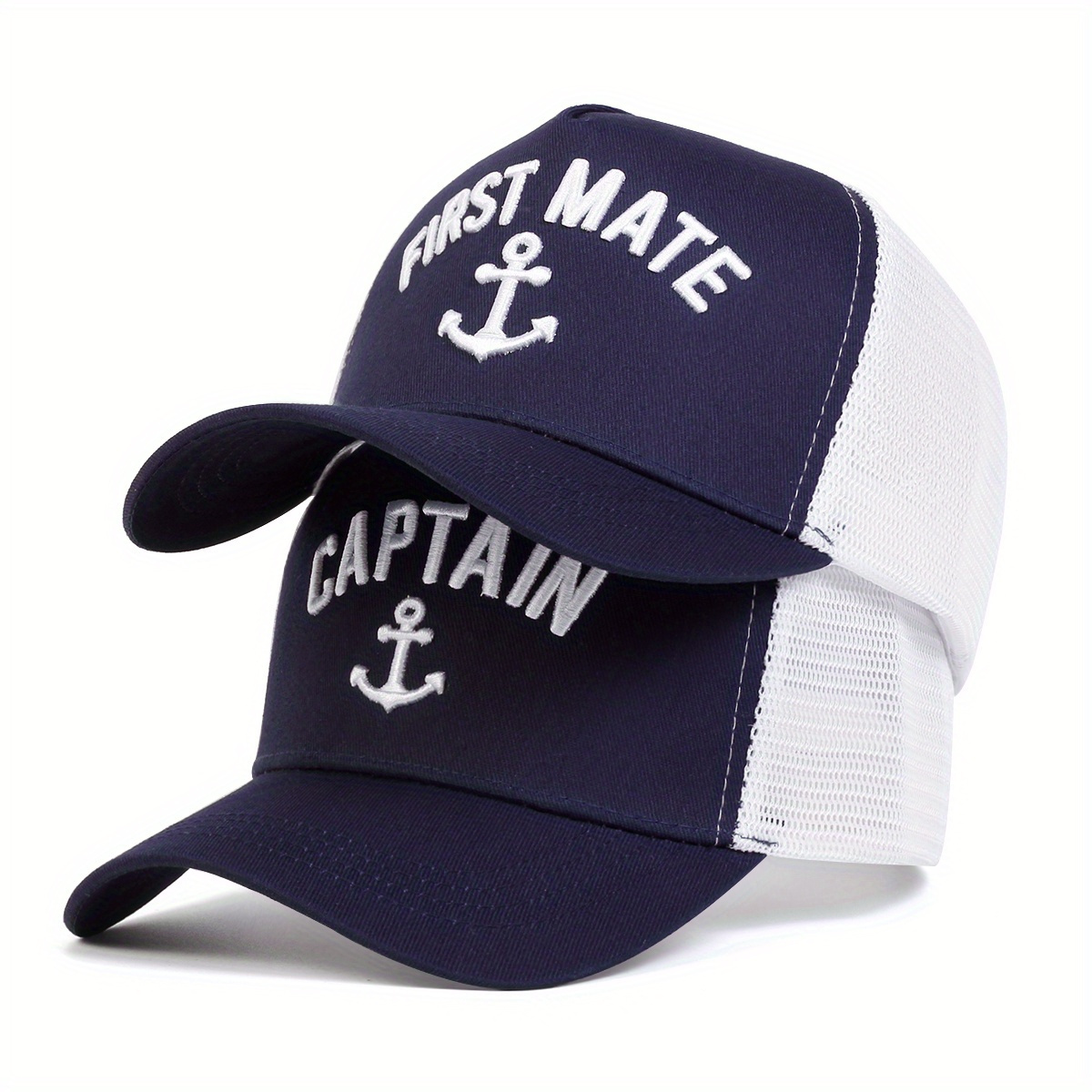 

2pcs/ Set Captain & Letter Sailor Embroidered Baseball Cap Couple's Hats Mesh Hat Outdoor Sport Adjustable Sunscreen Leisure Hat Spring Autumn Travel Tourism Beach Vacation