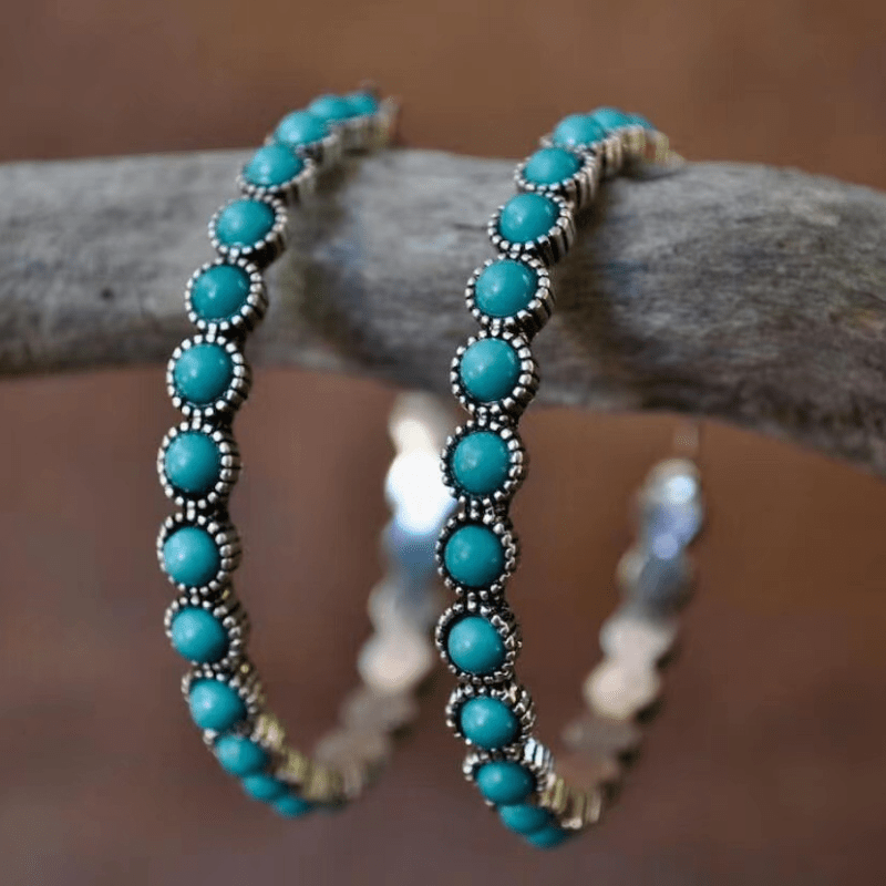 

1 Pair Of Artsy Vintage Turquoise Geometric Braided C-type Earrings With Large Circle Showing Small Face Earrings For Women