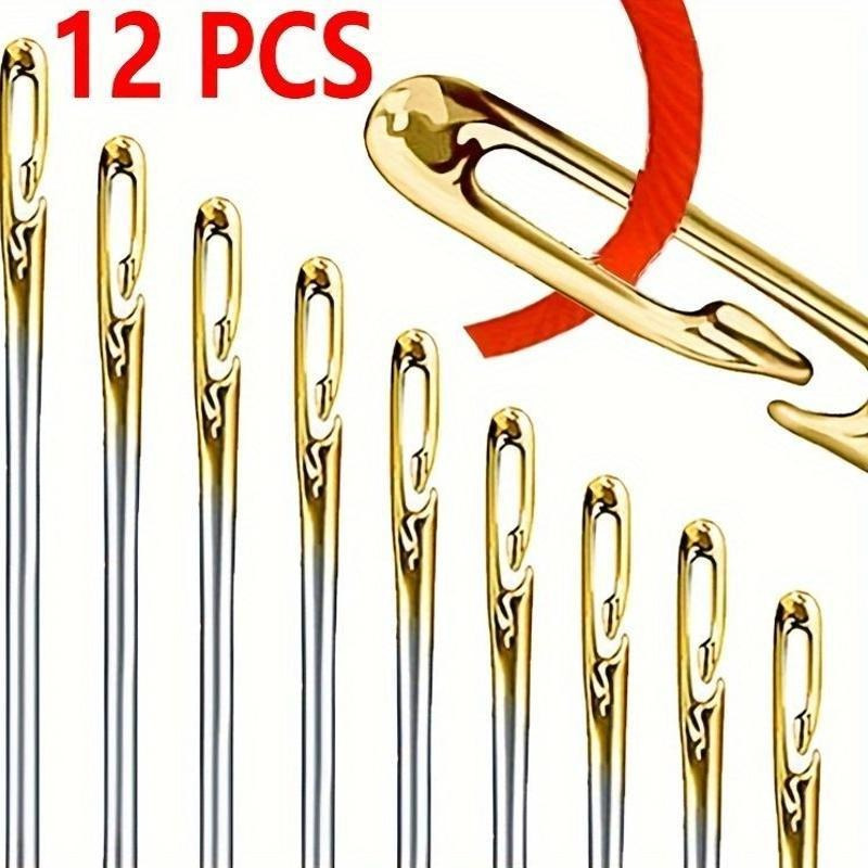 

12pcs Self-threading Hand Sewing Needles With Side Opening - Easy Darning & Stitching, White/golden, Essential Sewing Accessories