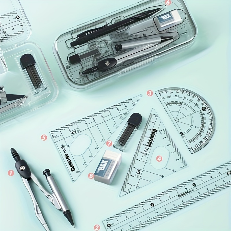 8 piece   school compass and drafting kit with mechanical pencil protractor straight and triangle rulers in storage case details 0