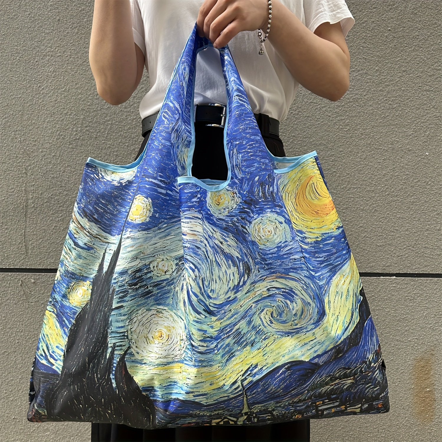 A Foldable Nylon Bag With A Starry Night Oil Painting Design, A Lightweight And Reusable Large-capacity Tote Bag