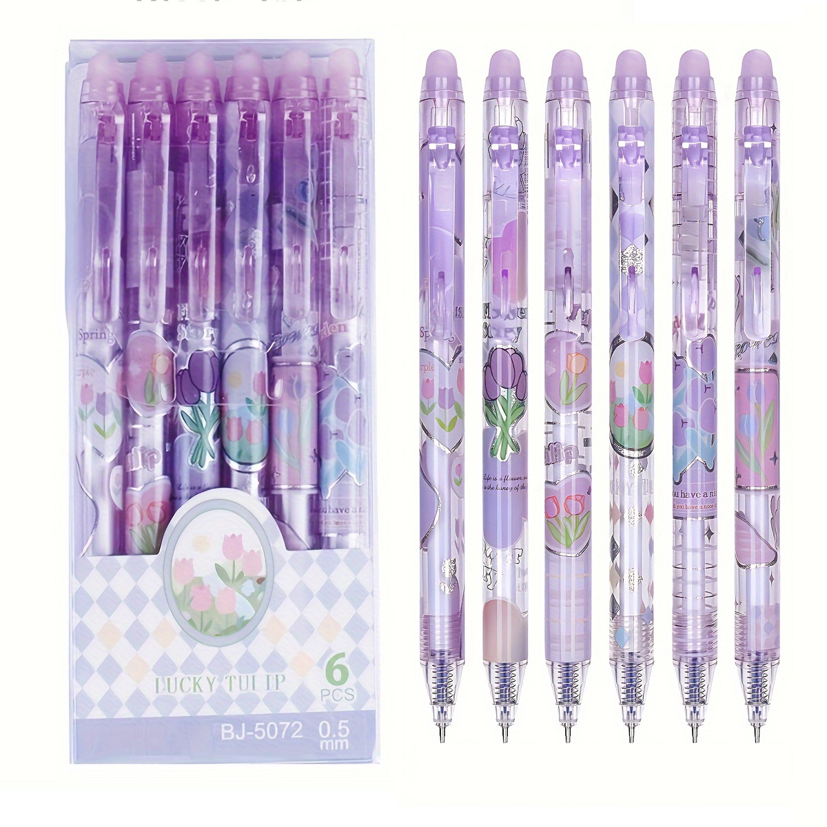 

6-pack Erasable Gel Pens With Cute Floral Designs - Fine Point 0.5mm Retractable Writing Pens For Office And School - No Feather, Suitable For Age 14+, Plastic, Plain - Ink Themed Pen Set