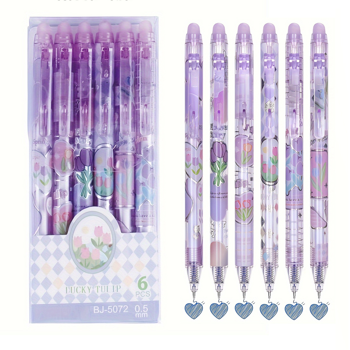 6pcs Erasable Pens, Erasable Gel Ink Pens Retractable Pens Cute Flower Pens 0.5mm Fine Point Pen , Office School Pens (black And Blue Ink-tulip)