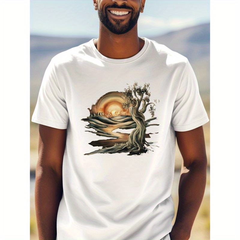 

Nature-inspired Crayon Artwork Cotton T-shirt - 100% Cotton, Crew Neck, Regular Fit, Casual Style, Short-sleeve Graphic Tee For Men With Slight Stretch, Ideal For Summer