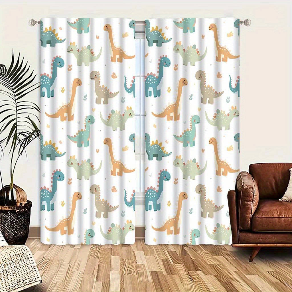 

Charming Dinosaur & Cloud Print Curtains - Easy-care, Durable Polyester For Living Room & Bedroom Decor, Rod Pocket Design