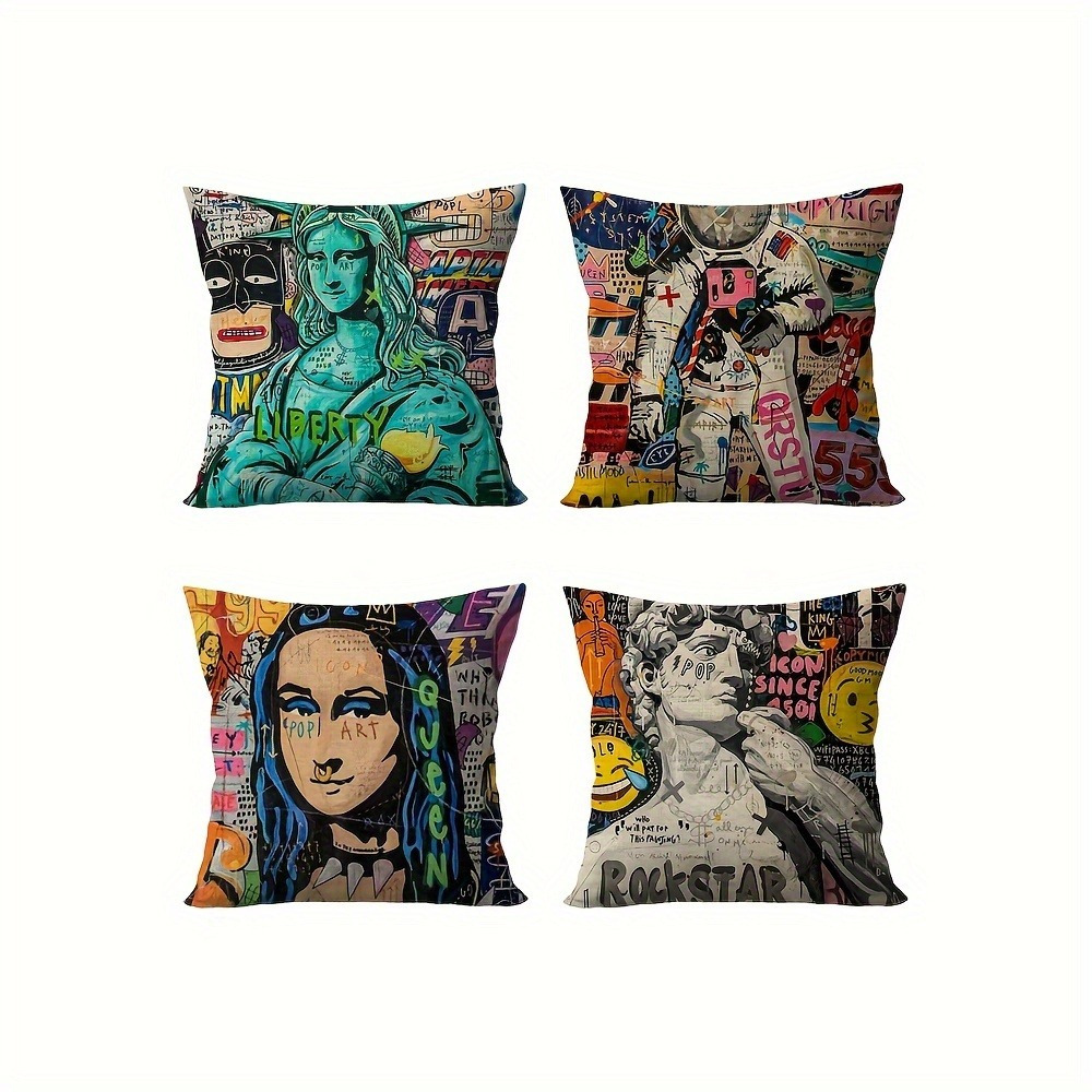 TEMU Set Of 4 Contemporary Graffiti Art Throw Pillow Covers, Knit Polyester Fabric With Zipper Closure, Machine Washable Decorative Cushion Cases For Various Room Types - 18x18 Inches