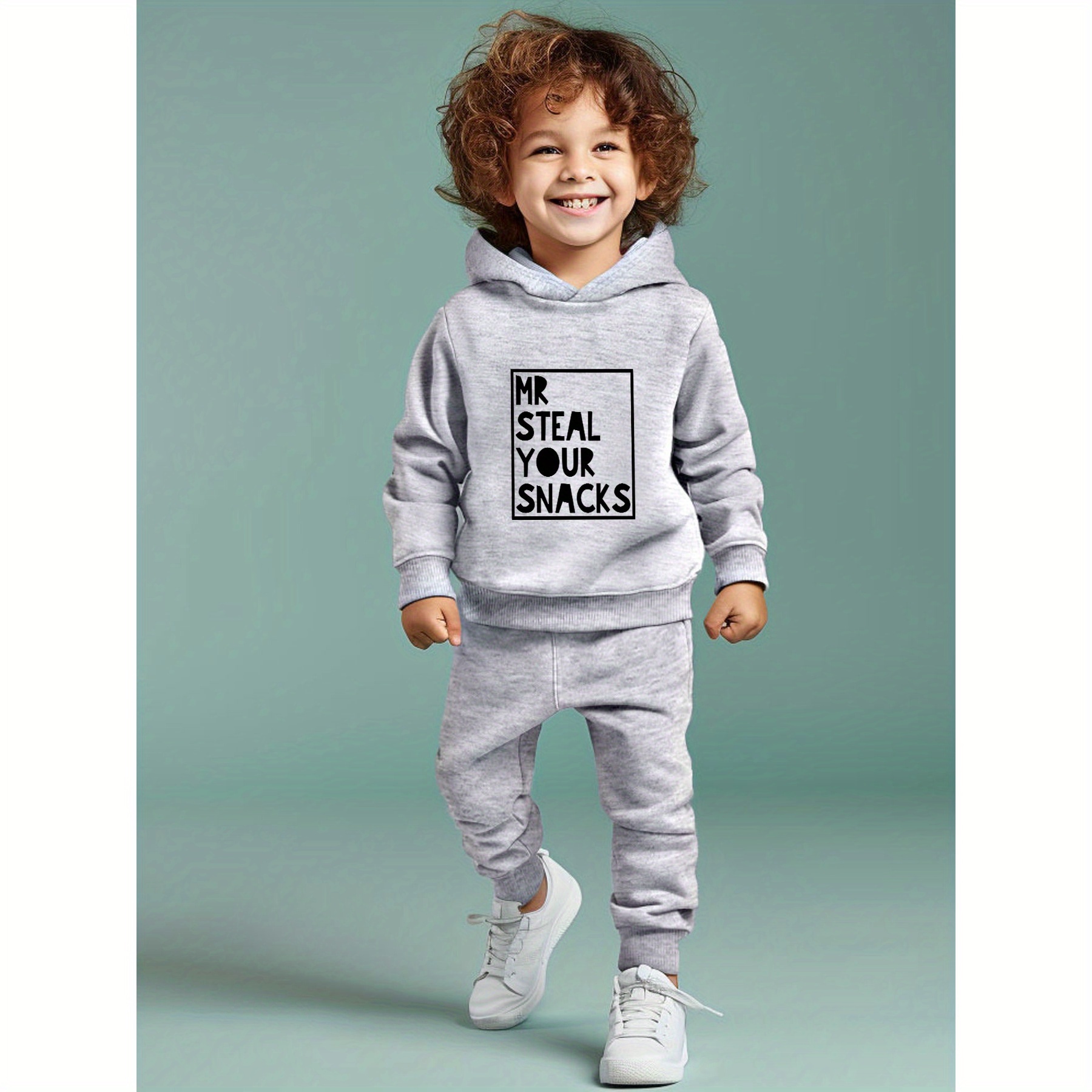 

Mr Steal Your Snacks Letter Print Boys' Trendy Two-piece Set, Long Sleeve Hooded Sweatshirt & Elastic Waist Pants, Casual Comfortable Versatile Outfits For Spring And Autumn