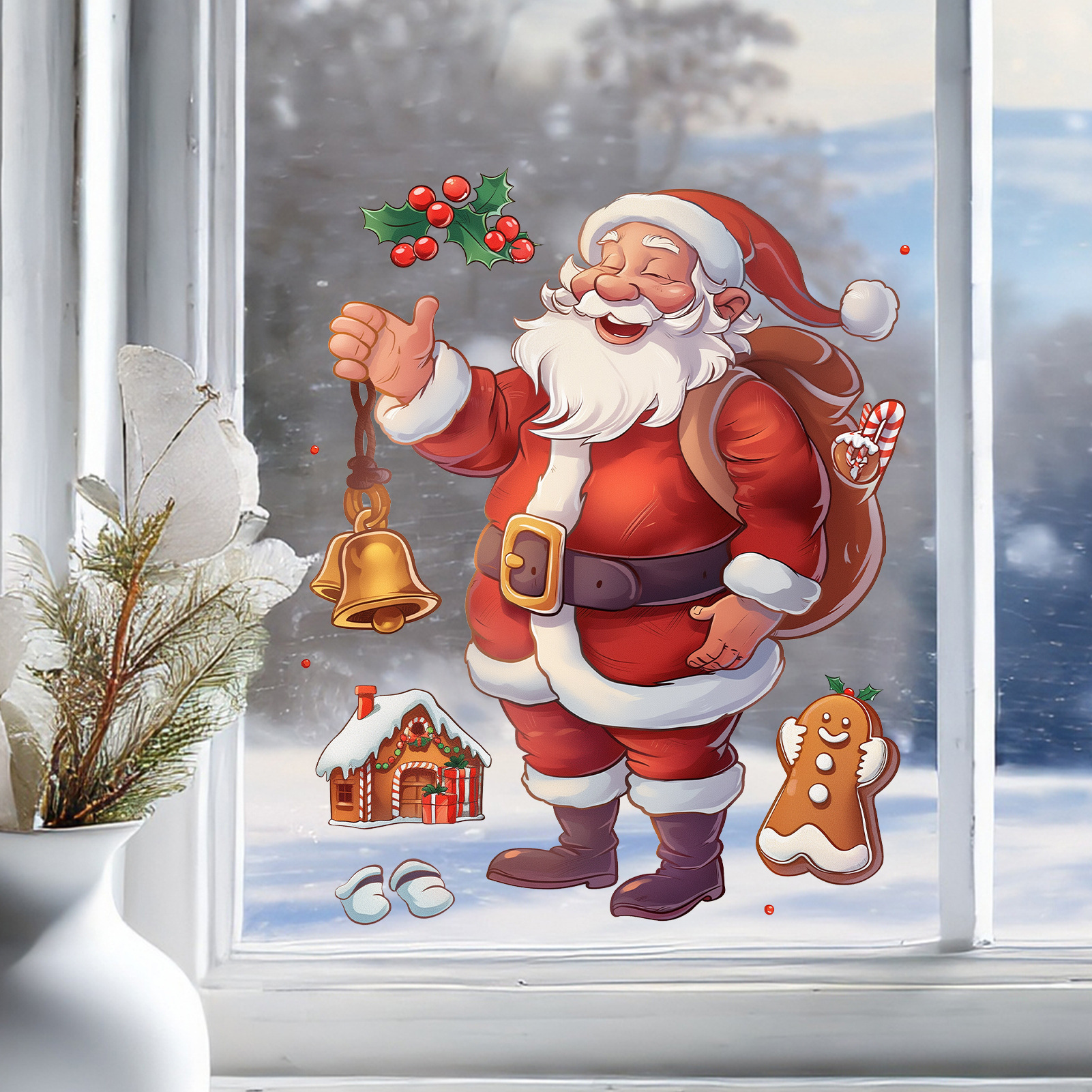 

Festive Christmas Cartoon Santa Claus Gingerbread Man Window Sticker - 29.0cm X 11.4inch - Reusable - Bathroom Accessories - Self-adhesive