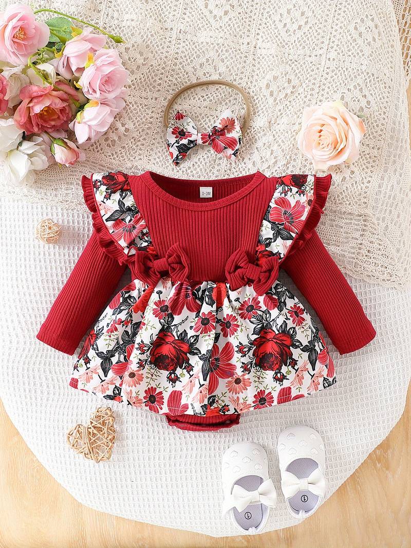 Robe Bébé Fille à Volants Manches Longues - Tricot Dentelle Fleurie, Bandeau Inclus - Automne/hiver