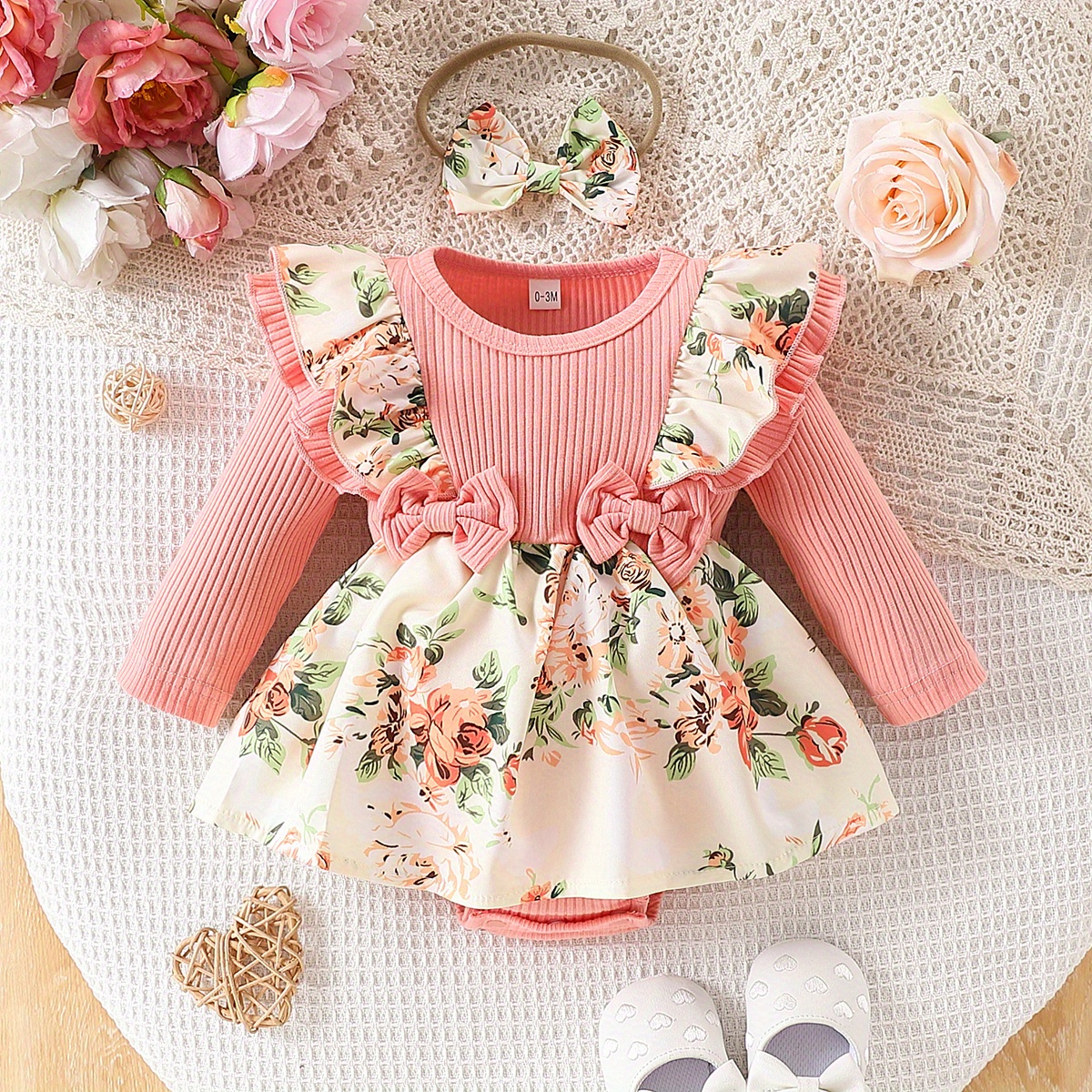 

Newborn Baby Girl Romper Dresses Bowknot Decor Casual Infant Baby Girl Clothes Long Sleeve Ruffle Outfits Dress With Headband