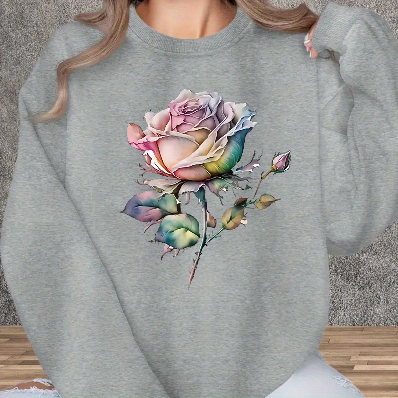 

Flower Print Fleece Loose Sweatshirt, Casual Crew Neck Long Sleeve Sweatshirt, Women's Clothing