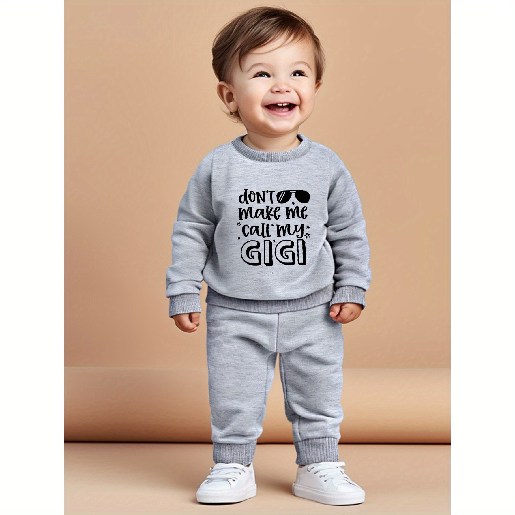 

Gigi Letter Print Baby Boy's Two-piece Set, Crew Neck Long Sleeve Sweatshirt & Elastic Waist Pants, Casual Comfortable Versatile Outfits For Spring And Autumn