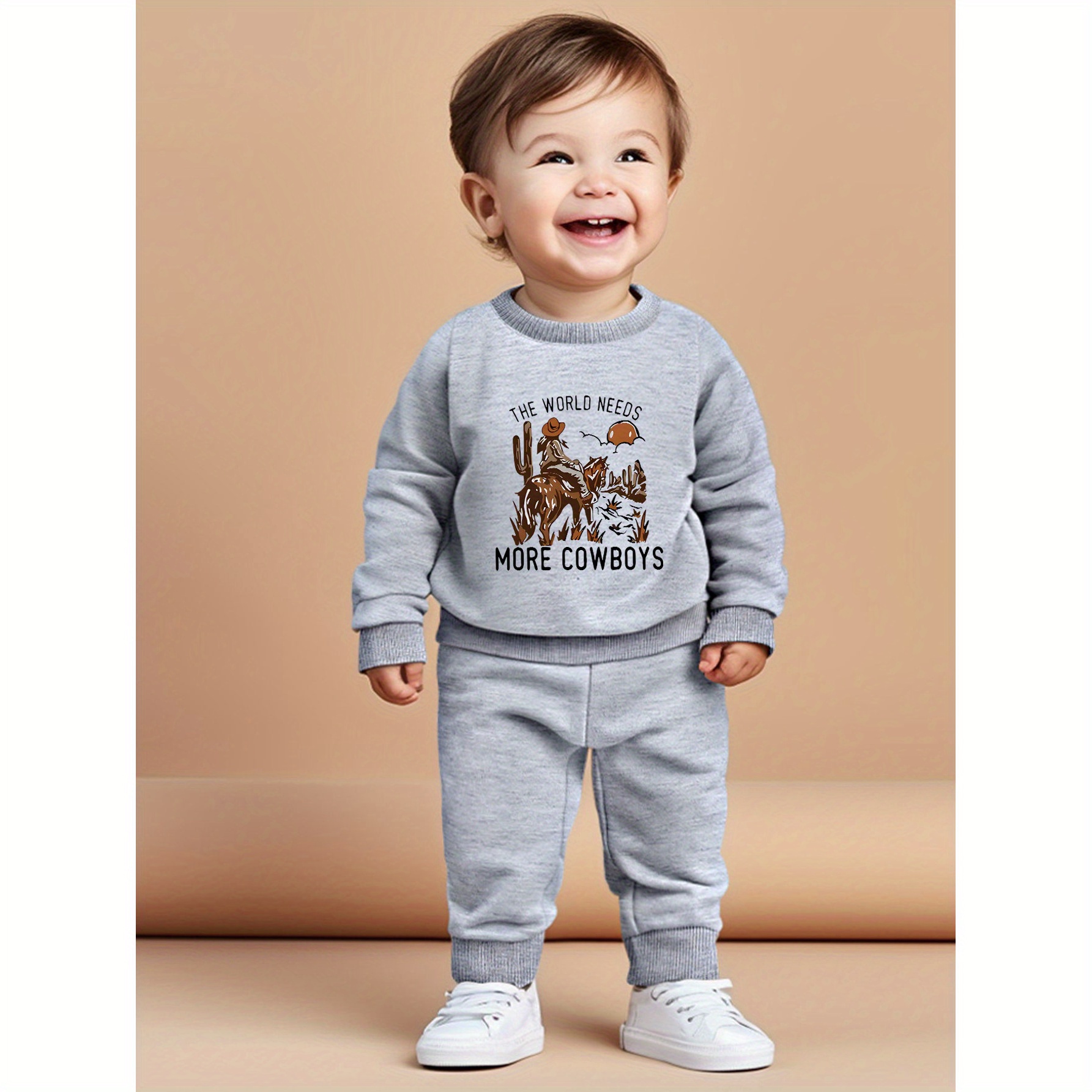 

Cowboy Graphic Print Baby Boy's Two-piece Set, Crew Neck Long Sleeve Sweatshirt & Elastic Waist Pants, Casual Comfortable Versatile Outfits For Spring And Autumn