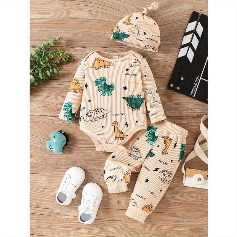 

3-piece Set Baby Boy's Romper And Pants With T-rex Print, Soft Cotton And Elastane, Round Neck And Long Sleeve, Machine Washable, Spring/autumn Outfit