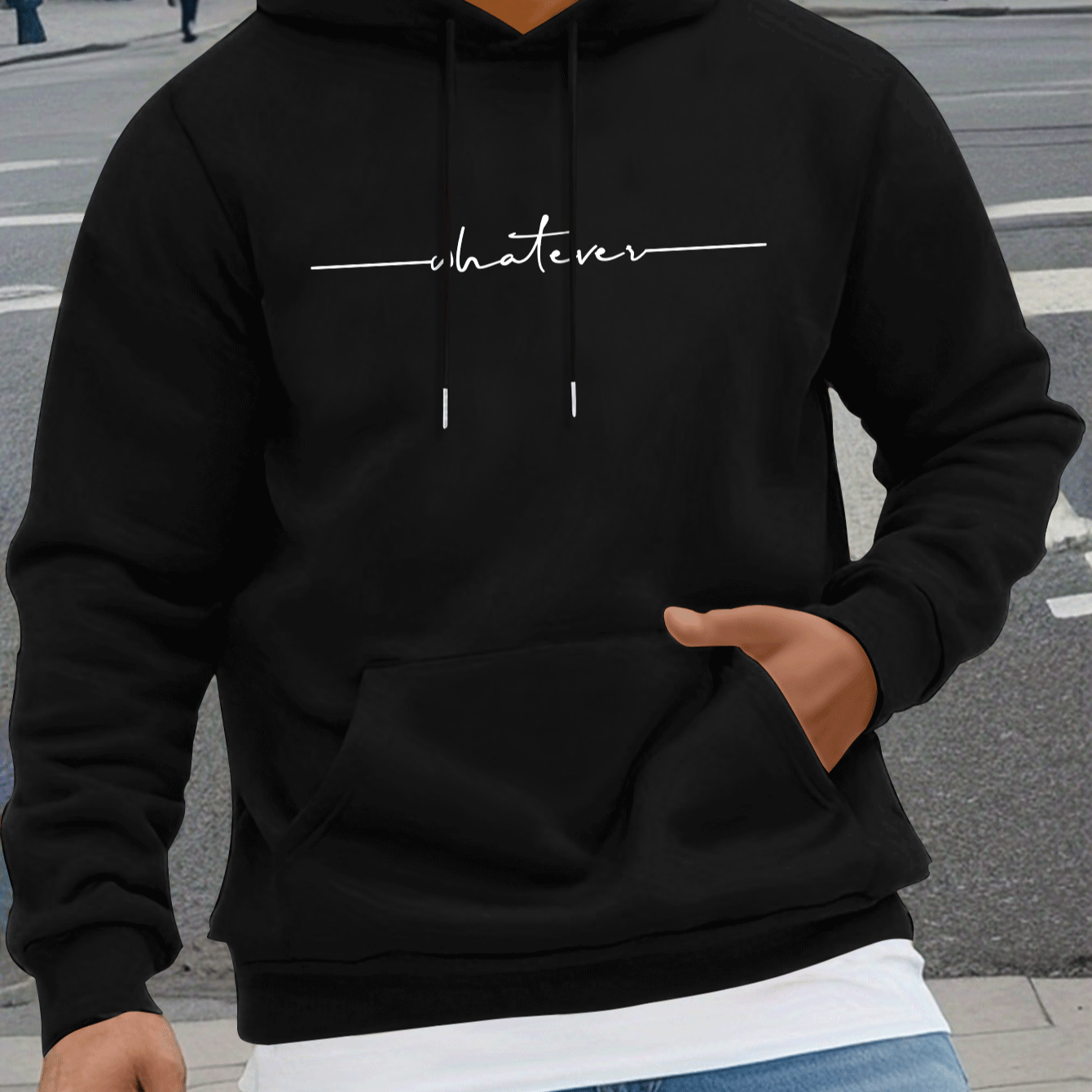 

Popular Cursive Whatever Print, Men's Drawstring Sweatshirt Hoodies, Men's Casual Pullover Long Sleeve Hoodies With Kangaroo Pocket, Comfy Tops For Outdoor Activities