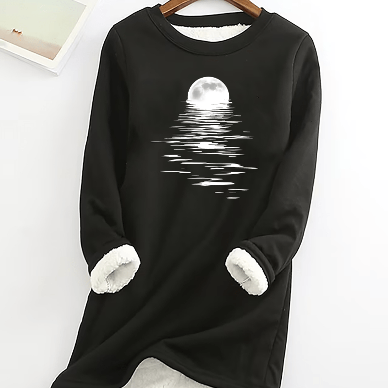 

Cozy & Warm Women's Long Sleeve Thermal Pajama Top With Water Design - Fleece-lined, Crew Neck, Polyester - Autumn & Winter