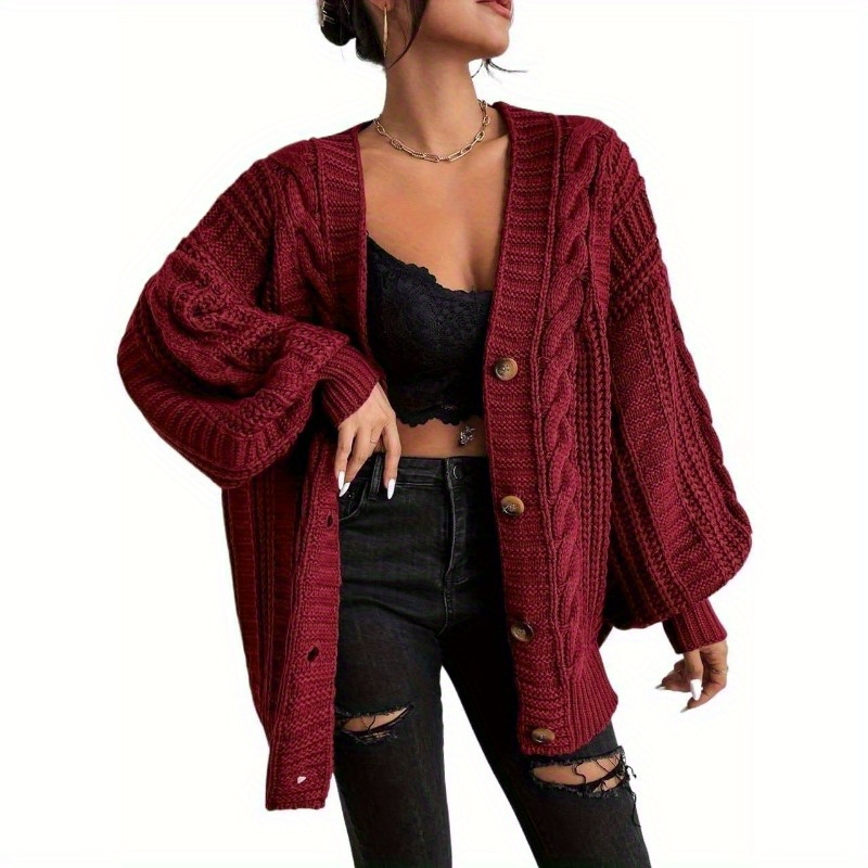 

Cable Knit Button Front Cardigan, Casual Solid Color Lantern Sleeve V Neck Drop Shoulder Cardigan For Fall & Winter, Women's Clothing