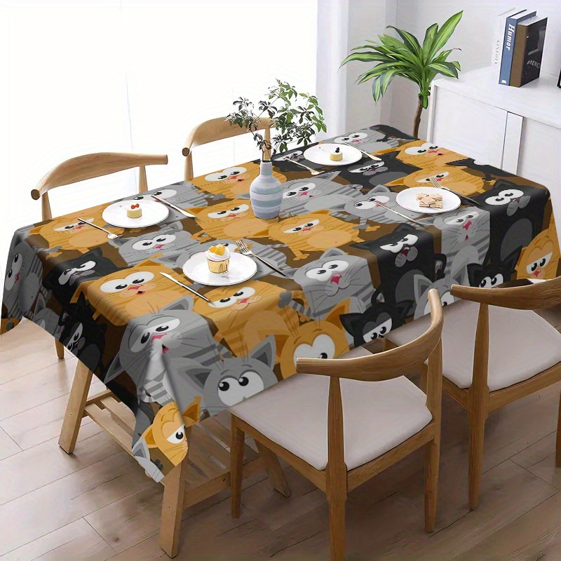 

Cartoon Cat Themed Tablecloth, Jit 1pc - 100% Polyester Woven Table Cover, Waterproof Stain And Oil Resistant Square Tablecloth For Birthday Parties, Dining, Table Protection, Home Kitchen Decor