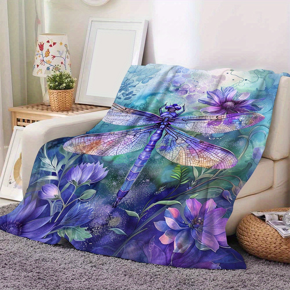 

Cozy Purple Dragonfly & Floral Flannel Throw Blanket - Soft, Warm, And Versatile For Couch, Bed, Office, Or Travel - Machine Washable, All-season Comfort