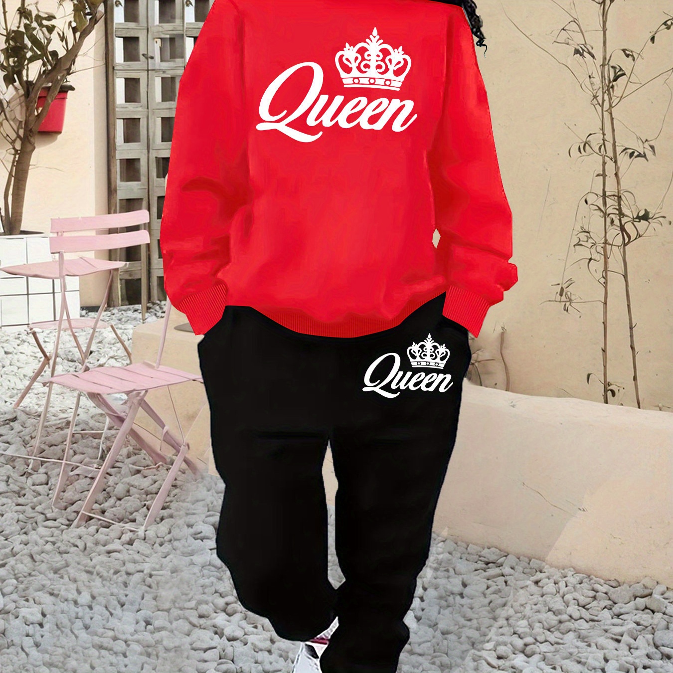 

Ensemble de survêtement deux pièces QUEEN Crown Print, sweat-shirt décontracté à manches longues et pantalon de jogging, vêtements pour femmes.