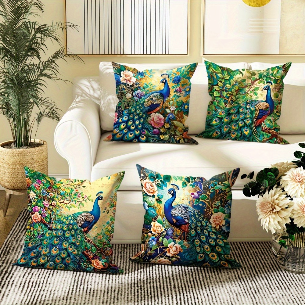 

4-pack Peacock Floral Throw Pillow Covers, Contemporary Polyester Knit Fabric, Zipper Closure, Machine Washable, Versatile For Various Room Types - 18x18 Inches