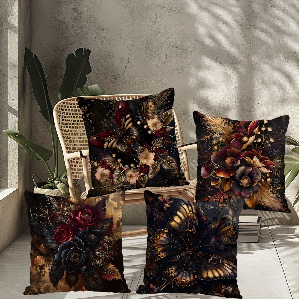 

4pcs Deluxe Gothic Decorative Pillowcase - Black And Golden Flower Pattern, Soft Polyester, Zipper Closure, Machine Washable - For Living Room And Bedroom Sofa Decoration, 18 Inches Inches