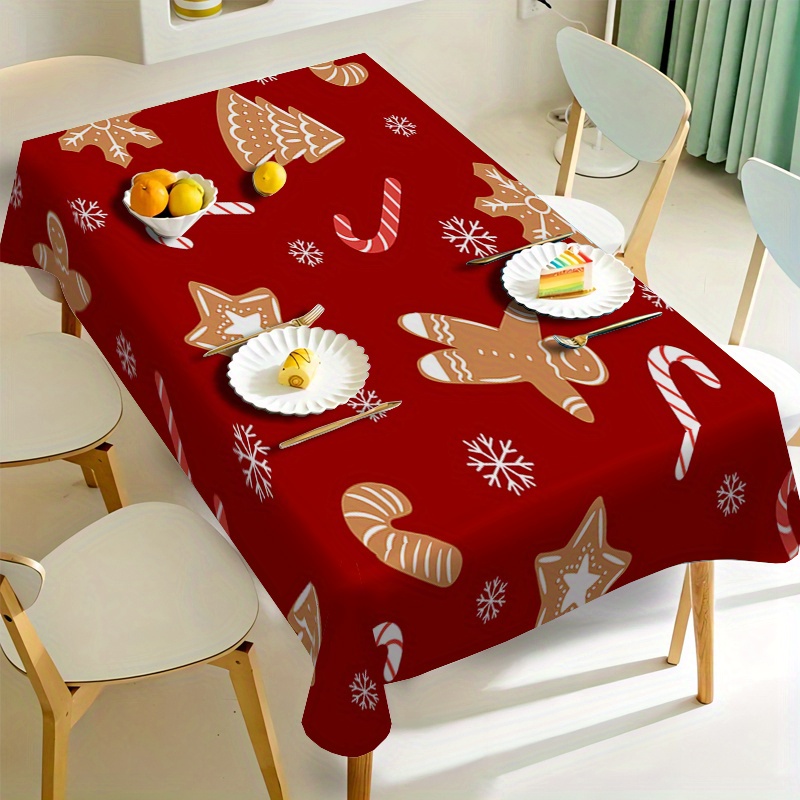 

Christmas Holiday Tablecloth - Festive Red Gingerbread Man Print, Easy-care Polyester, Machine Woven For Dining & Party Tables, Rectangle, Heat-resistant And Dust-proof