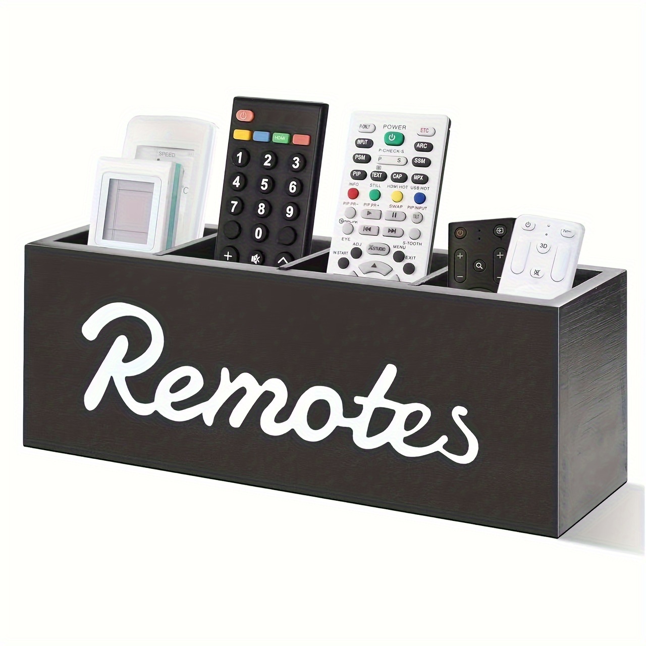 TEMU 1pc Rustic Wooden Remote Control Holder - 4-compartment Desktop Organizer, Wall-mounted Tv Organizer, Office Supply Storage Box, Utility Hooks,