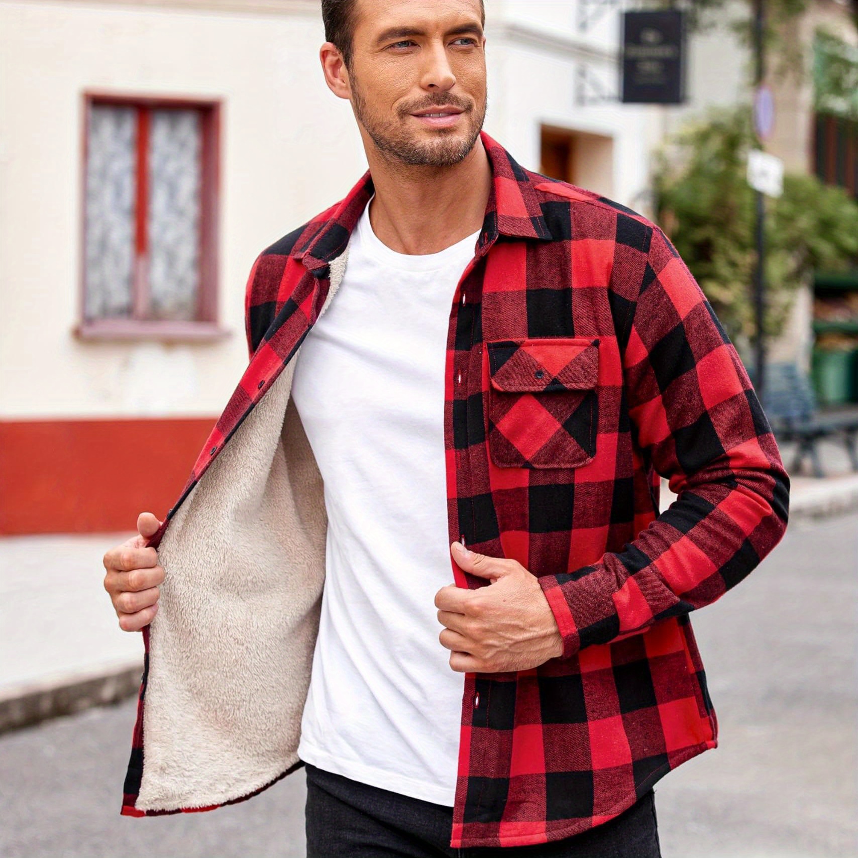 

Men's Sherpa Lined Flannel Shirt Jacket Long Sleeve Button Up Fleece Plaid Shirts Coat