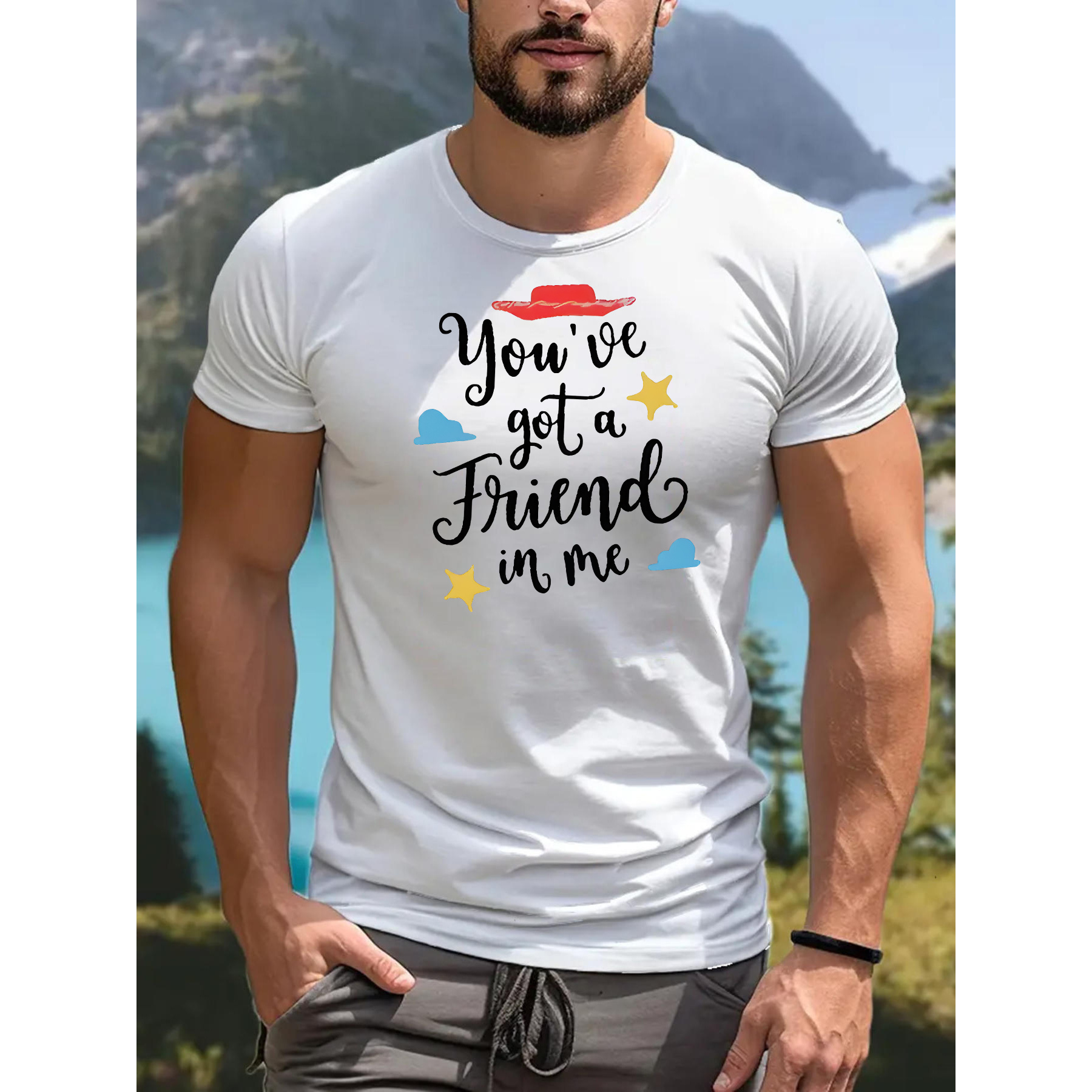 

You've Got A Friend In Me Print Casual Sports Short Sleeve T-shirt For Men, Crew Neck, Fashion Style, Spring/summer Wear