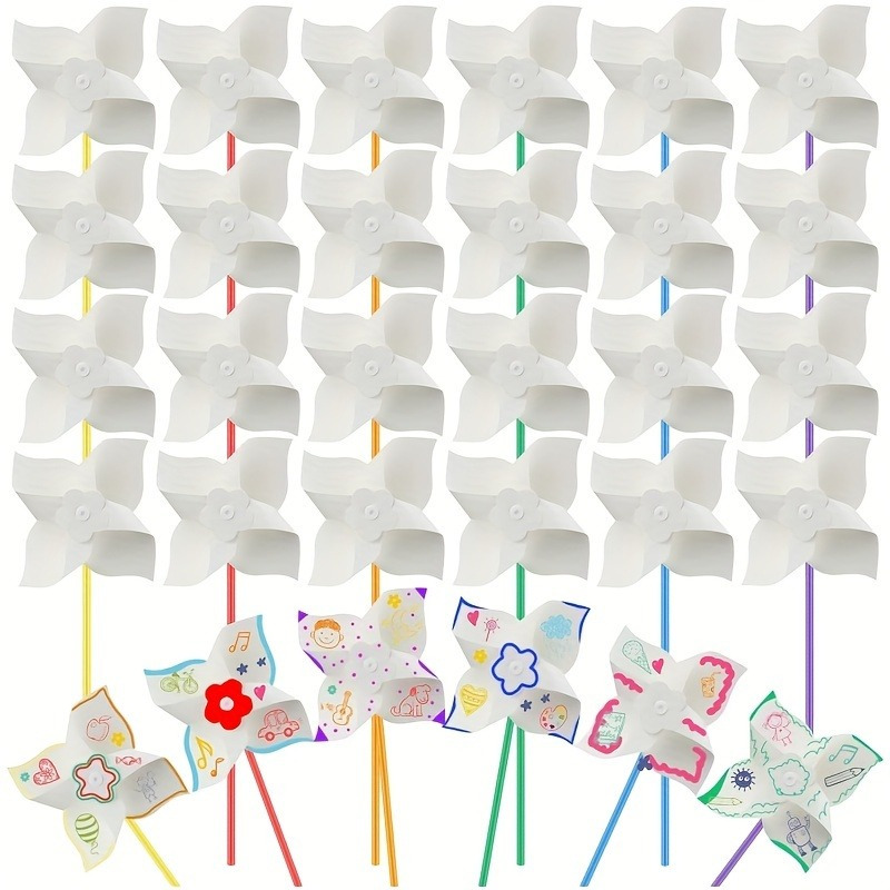 

24pcs Diy White Paper Pinwheels Kit - Paint-your- With Designs, Ideal For Arts & Crafts, Graffiti Coloring Party Favors, Summer Activity Set, No Batteries Needed, Non-feathered