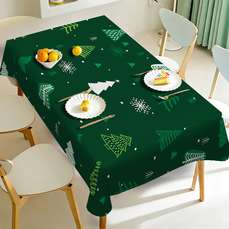 

Christmas Tree Print Tablecloth 1pc - Polyester, Machine Woven, Easy Clean, Holiday Festive Rectangular Table Cover For Dining & Party - Water Resistant, Stain Proof, Green With Christmas Elements