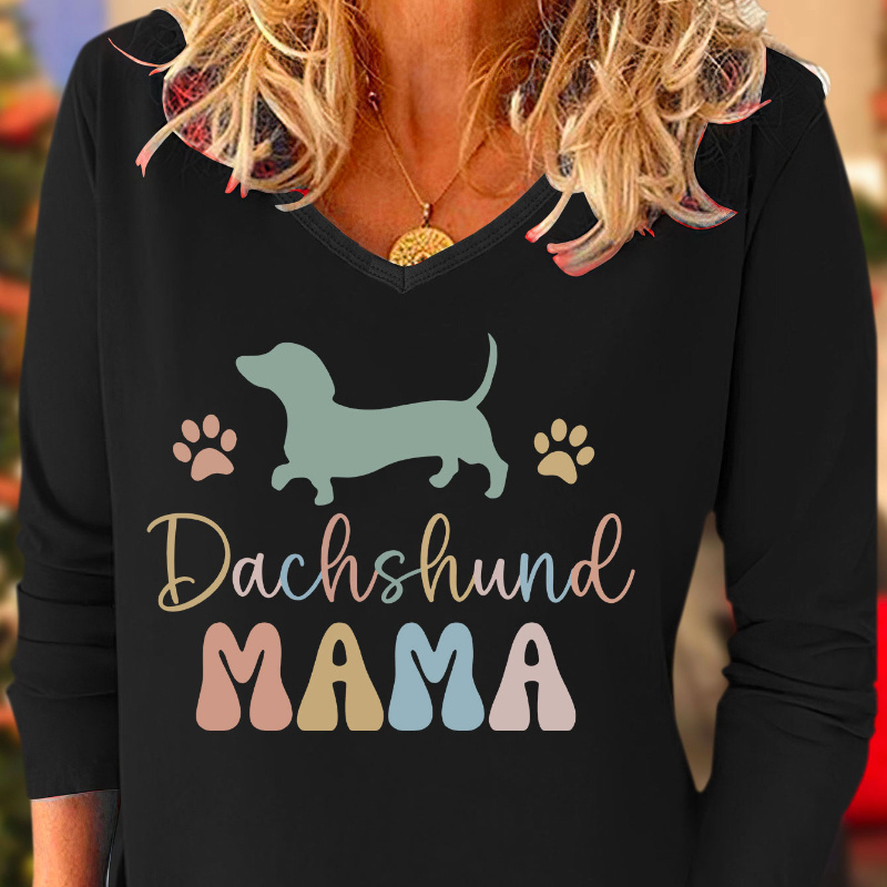 

Cozy Dachshund Mom Graphic V-neck Long Sleeve Lounge Top For Women - Casual Fall & Winter Wear, Machine Washable