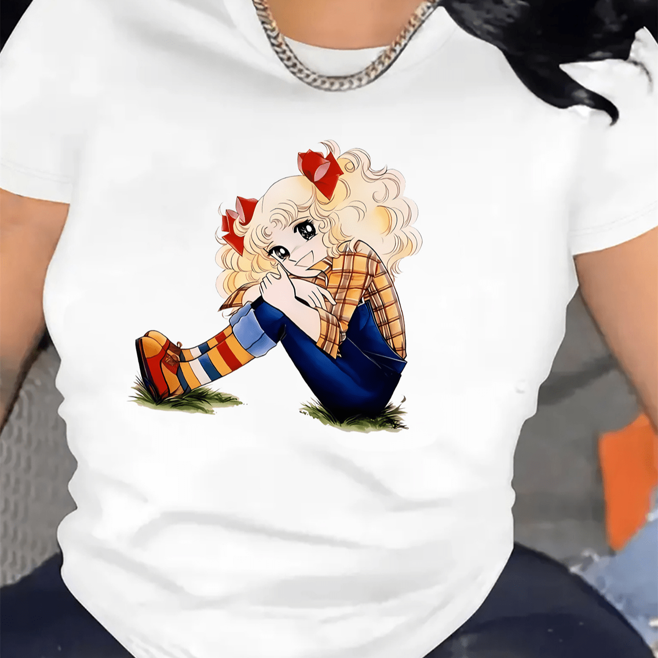 

Women's Cartoon Girl Print Casual Summer T-shirt, Crew Neck Short Sleeve Top, Lightweight & Comfortable Style