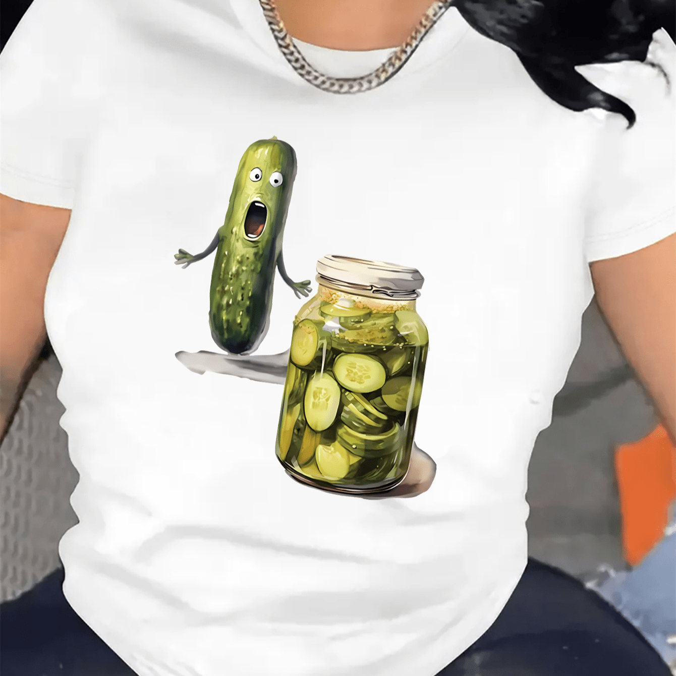 

Women's Cartoon Cucumber Graphic Print Casual Summer T-shirt, Crew Neck Short Sleeve Top, Lightweight & Comfortable Style